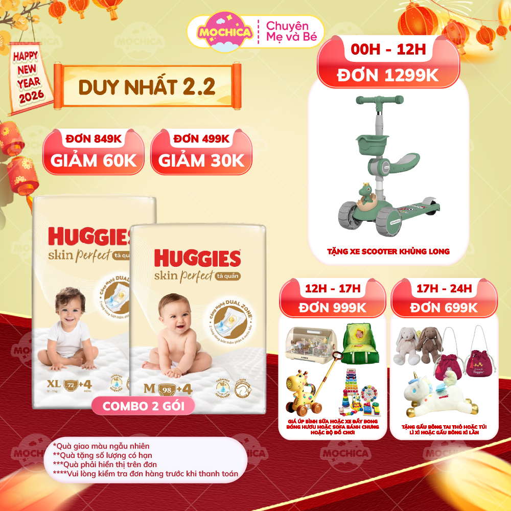 Combo 2 Tã/bỉm dán/quần Huggies Skin Perfect NB76/S80+2/M76+3 với 2 vùng thấm giảm kích ứng_Mochica