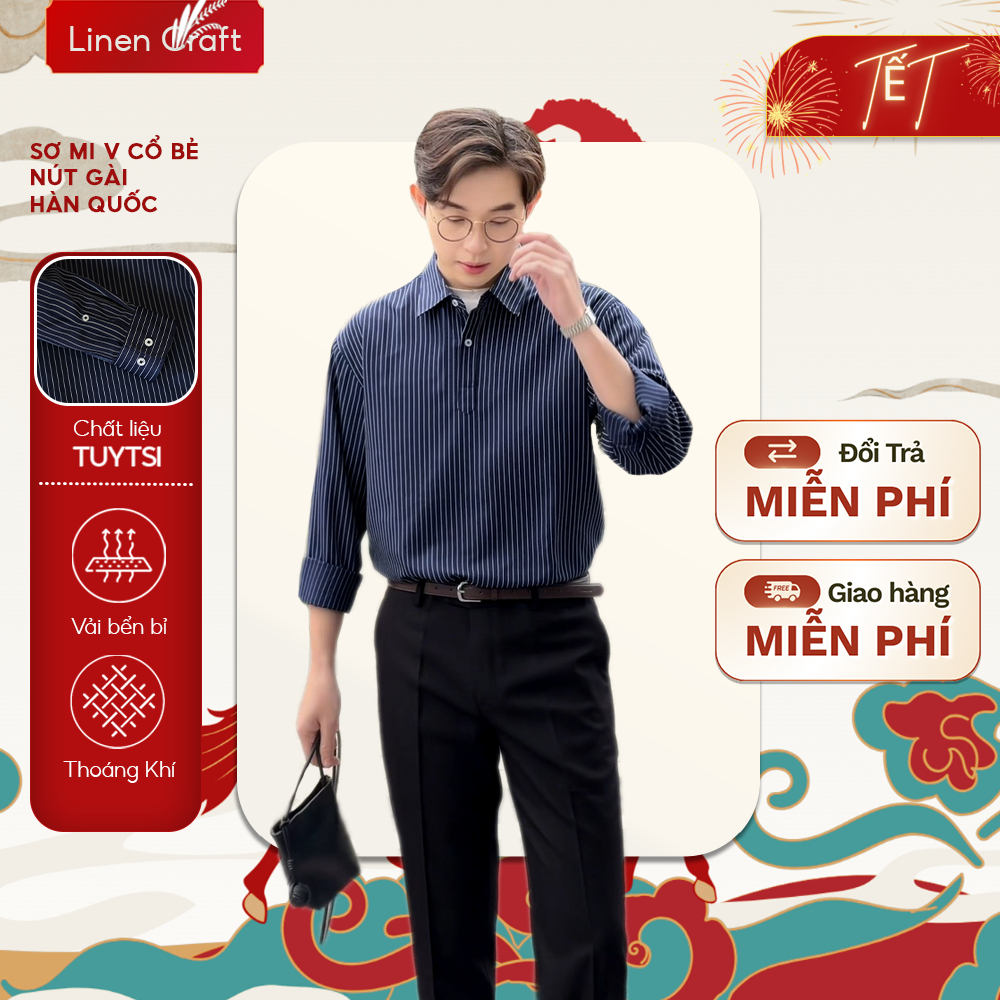 Áo sơ mi nam tay dài cổ chữ V sọc chỉ cao cấp | Tuysi cao cấp – Phom đứng nhẹ, mềm mát – Linen Craft