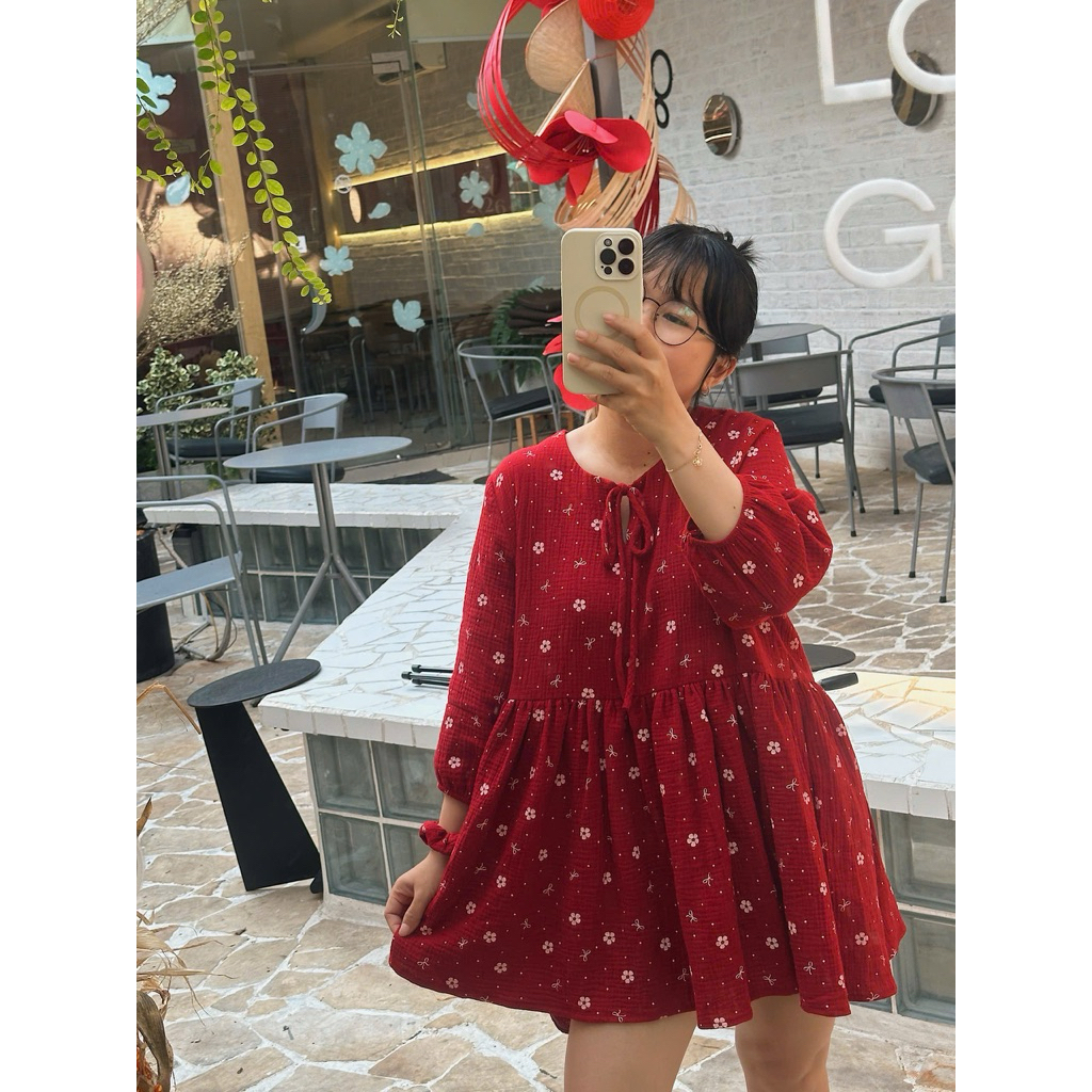 [Feliz.Clothes] Đầm babydoll xinh hoa đỏ đón Tết