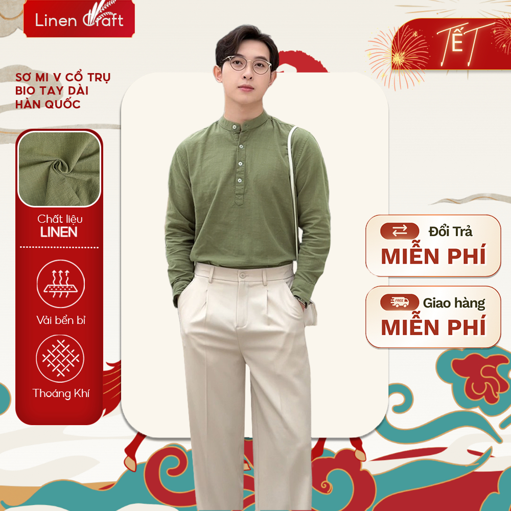 Áo linen cổ V trụ có nút tay dài  | Rêu, navy, trắng thoáng mát – LINEN CRAFT