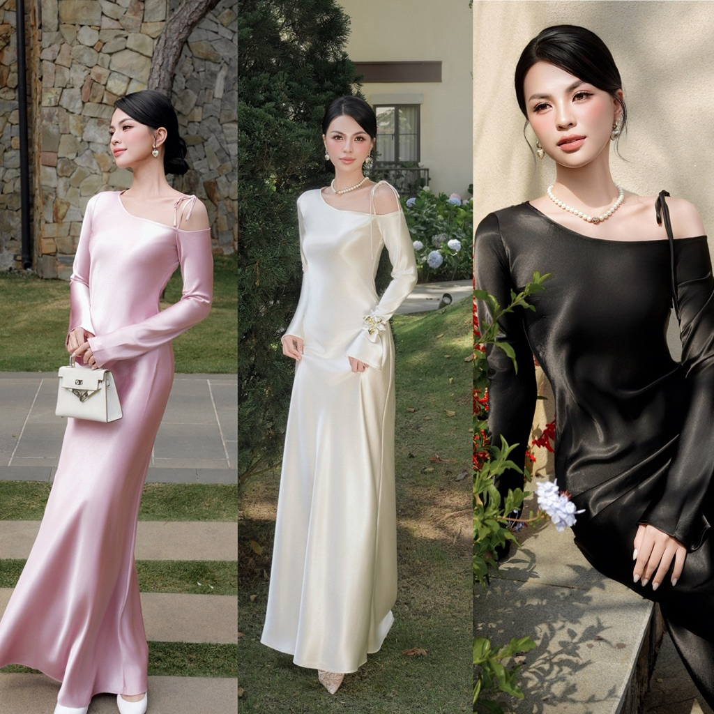 váy lụa dáng dài lệch vai Emily dress