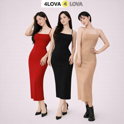 Váy body thun tăm cotton 4LOVA 2 dây dáng dài tạo dáng quyến rũ