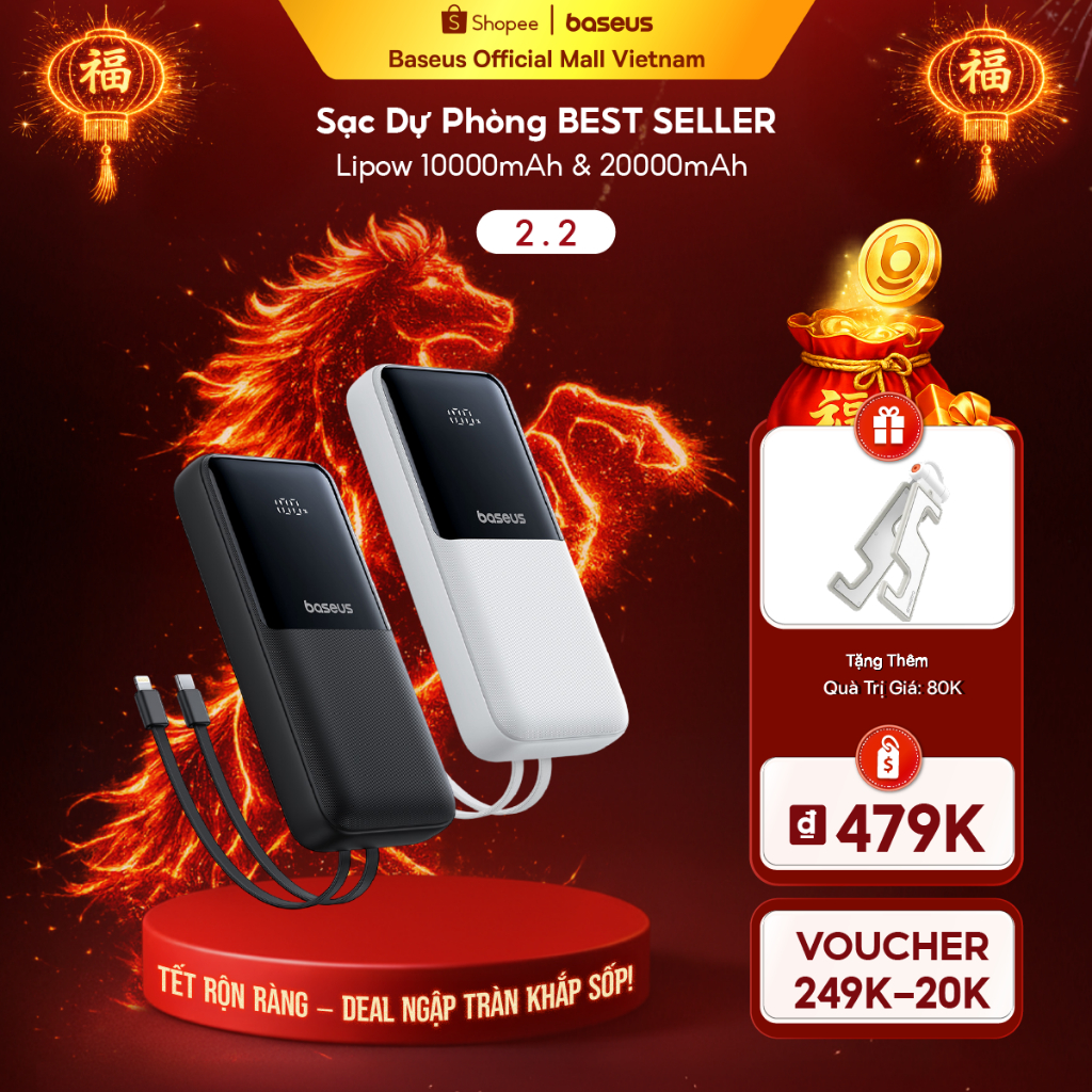 Sạc dự phòng Lipow 10000mAh & 20000mAh 22.5W/15W sạc nhanh tích hợp cáp tiện dụng | BigBuy360 - bigbuy360.vn