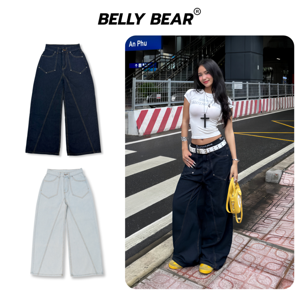 Quần Jean Ống Suông Phối Line Chéo 𝗕𝗲𝗹𝗹𝘆 𝗕𝗲𝗮𝗿  Form Rộng Unisex