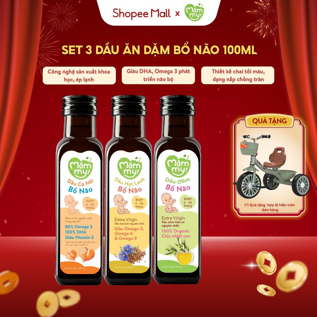 Dầu ăn dặm cho bé Mămmy cá hồi, hạt lanh, olive, óc chó, gấc bổ sung DHA, Omega-3 bé 6th, chai 100ml