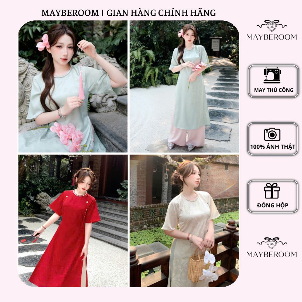(TẶNG KÈM DÂY NGỌC RANDOM) Áo dài cách tân dáng suông lụa cao cấp cổ ngọc đá tiểu thư LAN HỒ ĐIỆP
