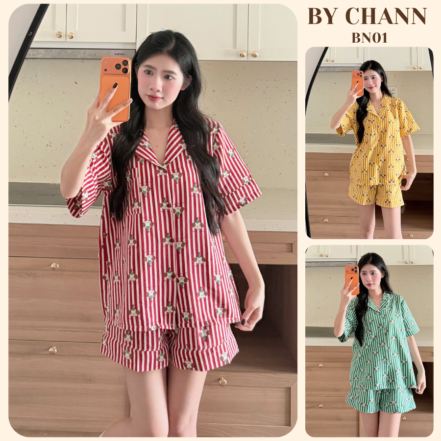 Bộ Đồ Ngủ Pyjamas BY CHANN (BN01) mùa hè HOT SUMMER họa tiết dễ thương áo cộc quần cộc chất liệu đũi
