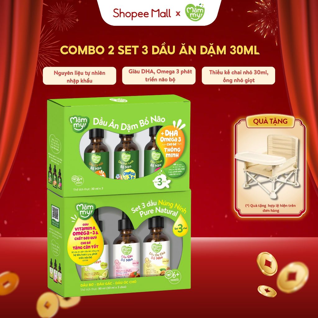 Combo 2 set 3 dầu ăn dặm Mămmy dầu olive, cá hồi, hạt lanh, óc chó, bơ, gấc đỏ cho bé 6 tháng, 30ml