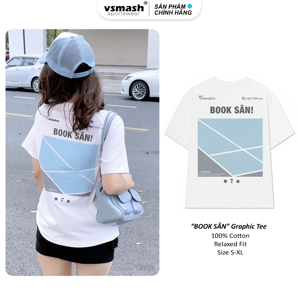Áo Thun Cầu Lông Unisex Vsmash Sportswear – In lụa "BOOK SÂN" – Vải Bông Em Bé Mềm Mịn, Thoáng Mát,T