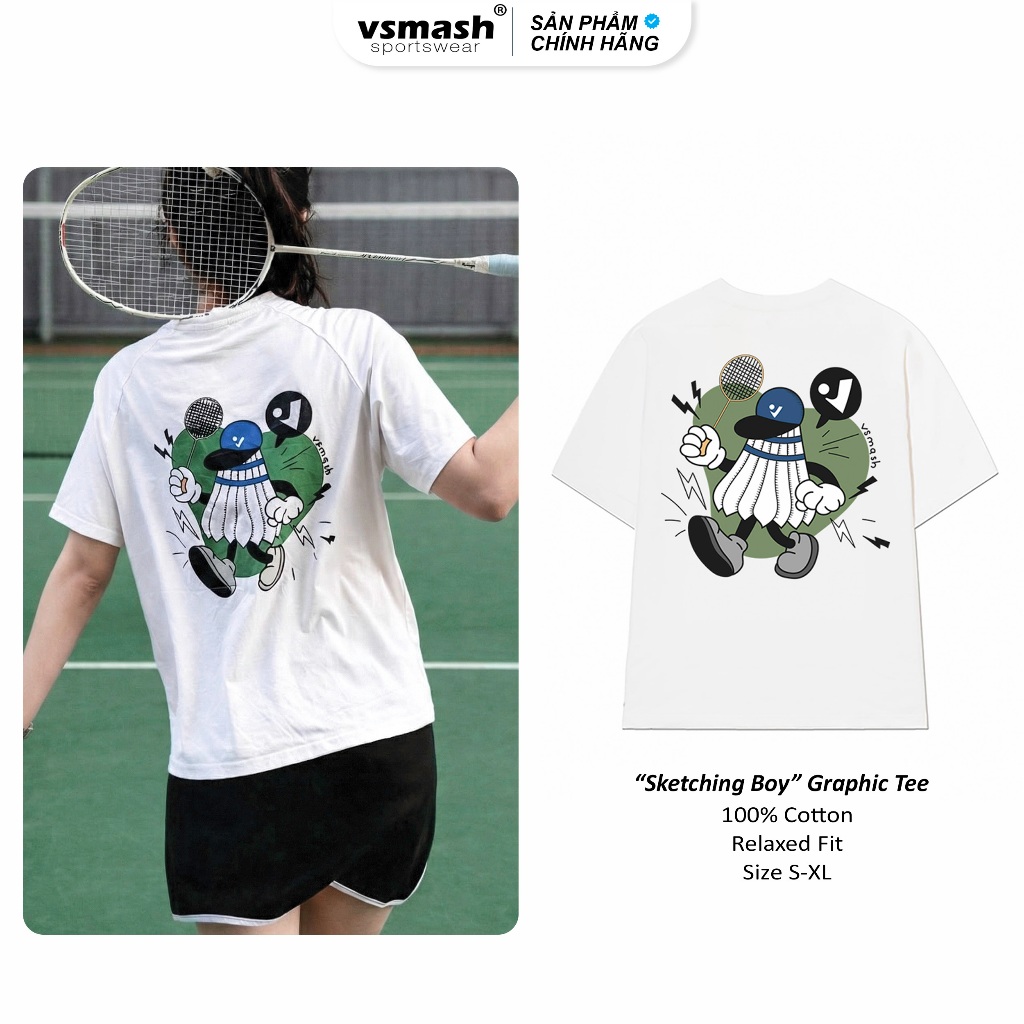 Áo Thun Cầu Lông Unisex Vsmash Sportwear – In lụa "SKETCHING" – Vải Bông Em Bé Mềm Mịn Cao Cấp, Thoá