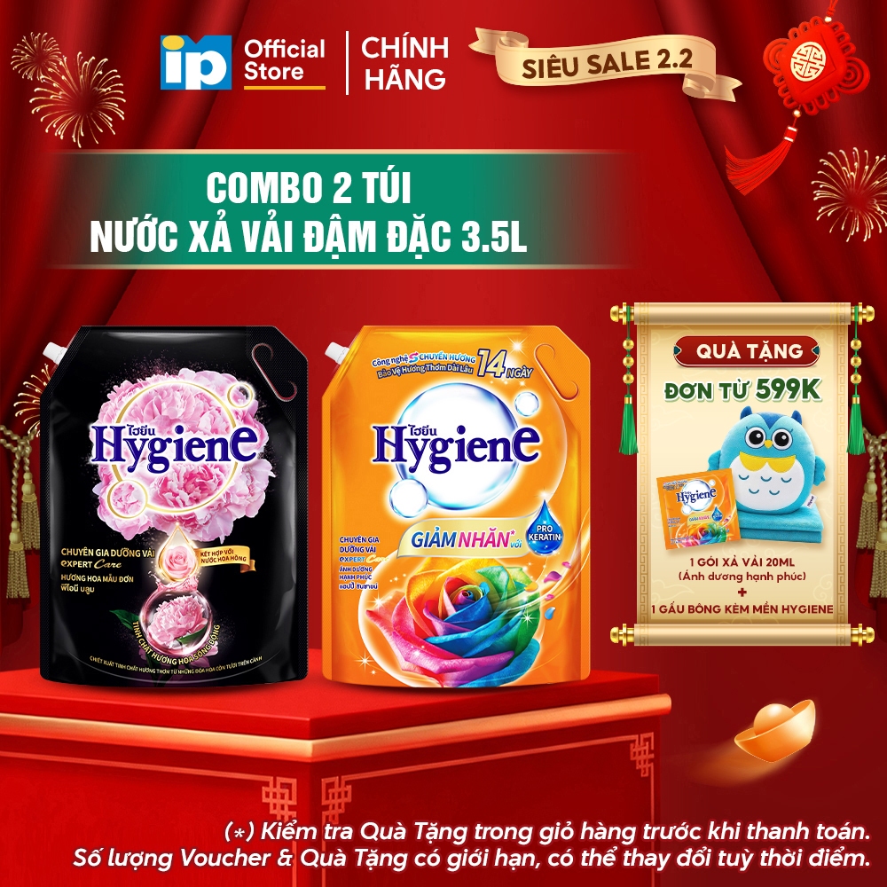 Nước Xả Vải Đậm Đặc Hygiene 3.5L (Hoa Mẫu Đơn/ Ánh Dương Hạnh Phúc) x 2 Túi