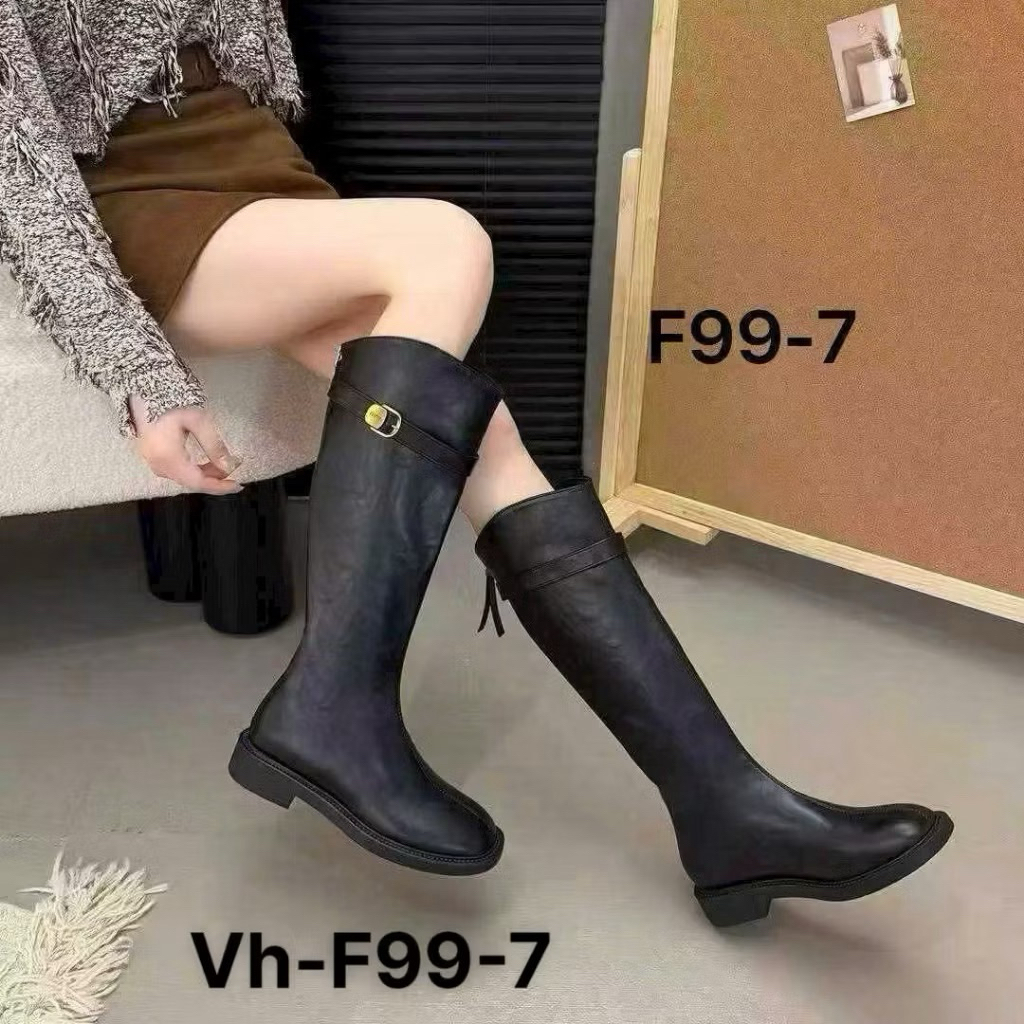 Bốt Đế bệt Boot Nữ Da Mềm Đế Bệt Thấp Boot Đùi Cao cổ khóa sau kèm đai ngang cách điệu Bốt đùi nữ Bo