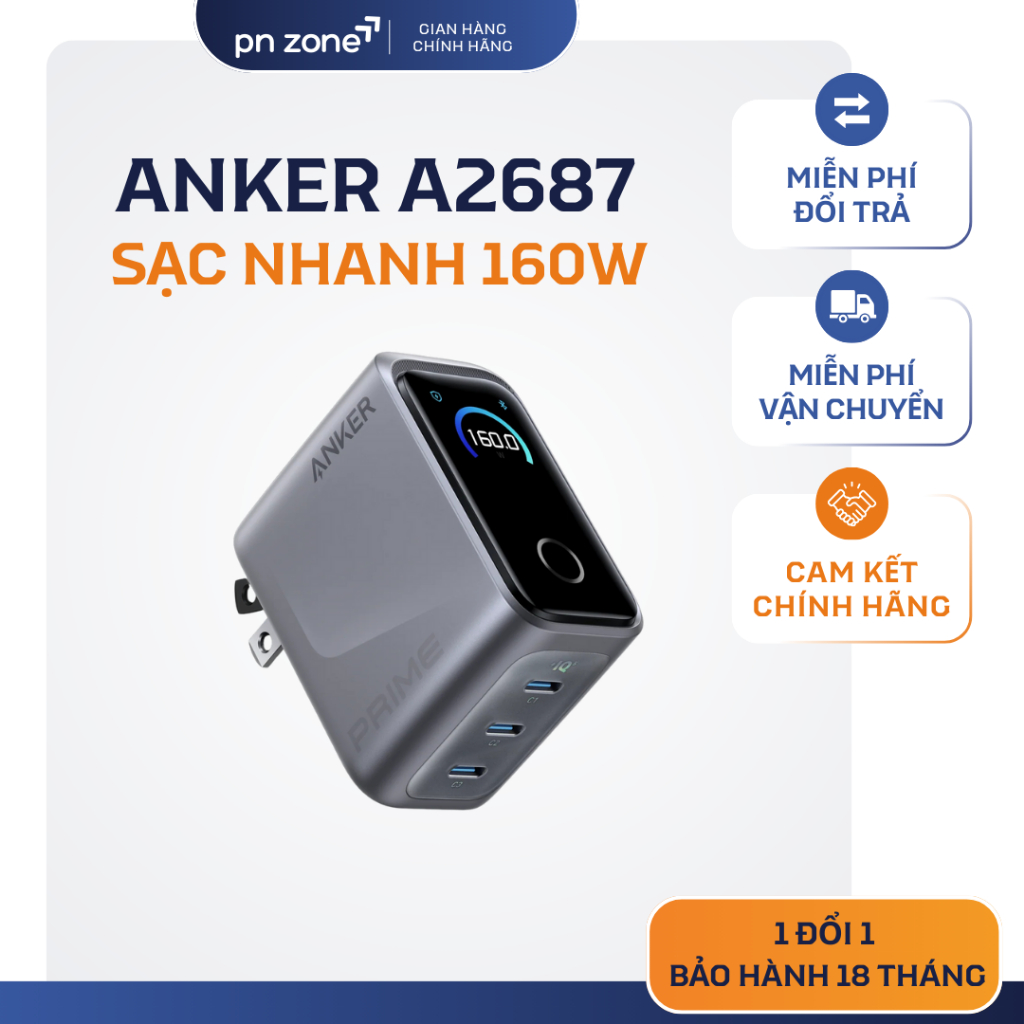 Bộ sạc Anker Prime A2687 - 160W - 3 cổng - màn hình thông minh - Bảo hành 18 tháng