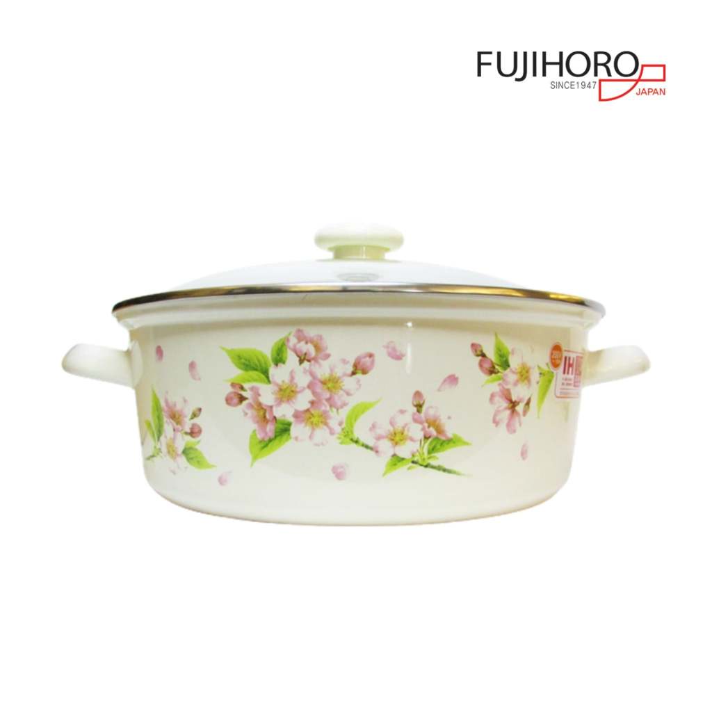 Nồi tráng men thủy tinh Nhật Bản Fujihoro SYM-32G, hoa văn đào hồng, nắp kính - Chính hãng