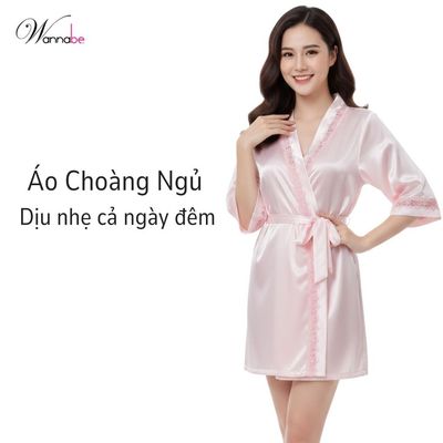 Áo choàng ngủ lụa WANNABE áo khoác ngủ kiểu kimono ren cổ áo cổ tay rất sang trọng hiện đại KIS08