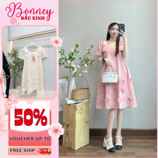 Váy bầu xinh, đầm bầu mùa hè NH Clothing dáng babydoll vải lụa mịn cao cấp, họa tiết hoa thêu thủ công xinh xắn