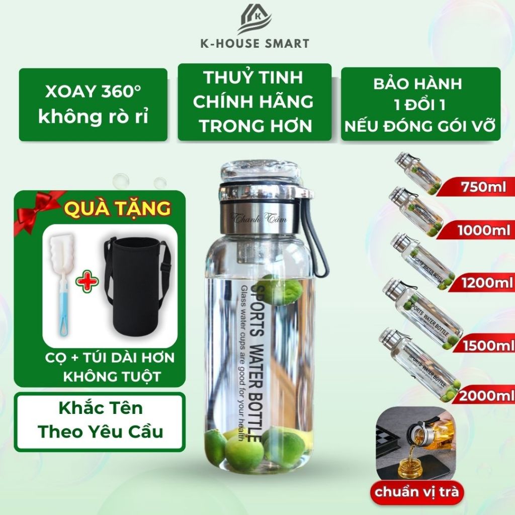 Bình pha trà thủy tinh chịu nhiệt kèm nắp làm cốc uống trà tiện lợi lõi lọc inox an toàn khắc tên tặng túi đựng K HOUSE
