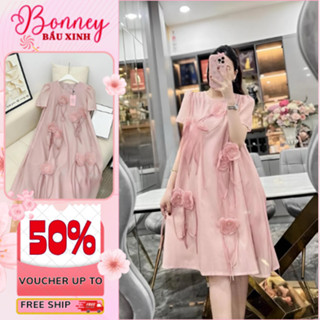 Váy bầu dự tiệc, đầm bầu thiết kế dáng babydoll, phối hoa thêu thủ công tỉ mỉ sang chảnh, hàng nhập NH Clothing cao cấp