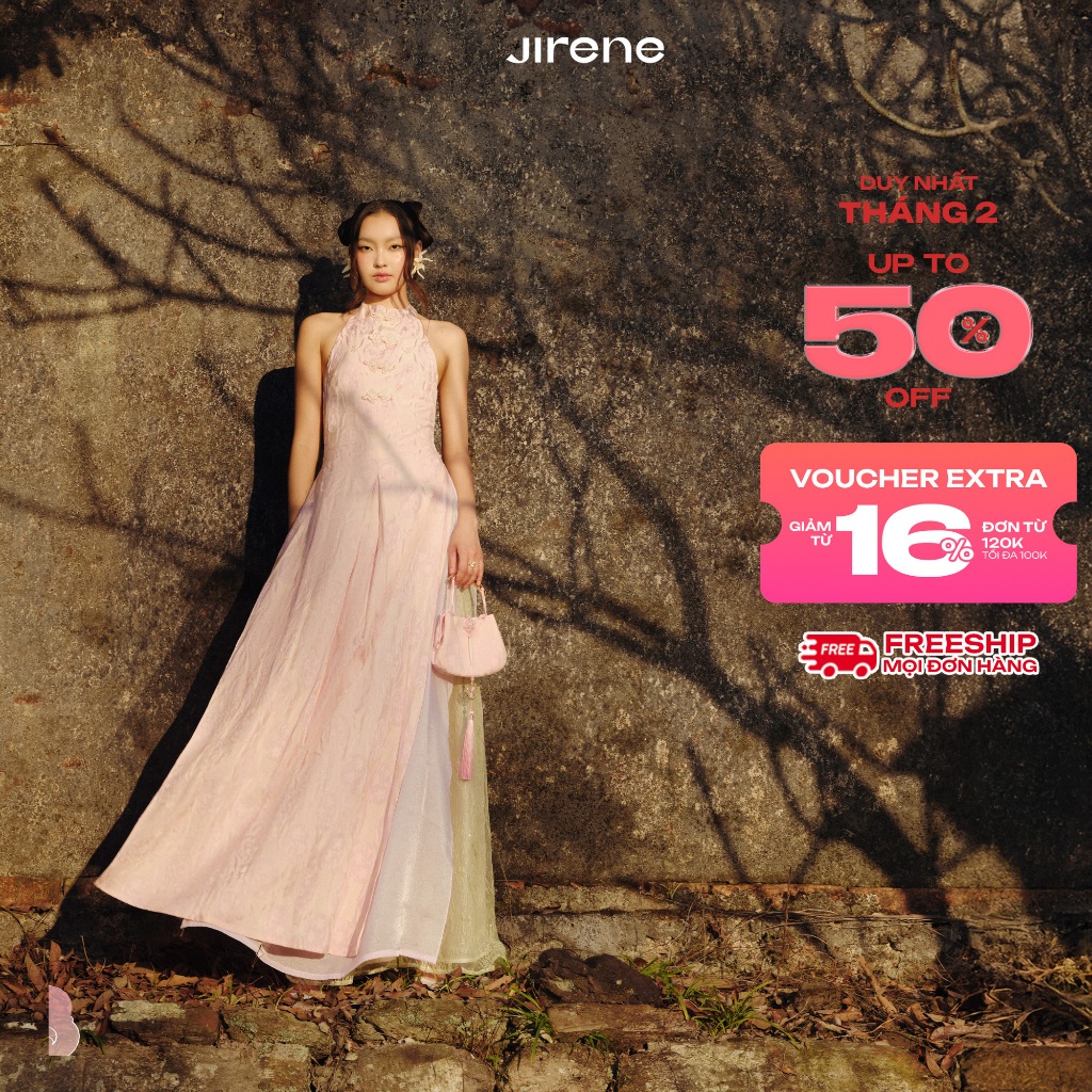 Jirene - Áo kiểu nữ dài cổ yếm chất liệu gấm hoa SEIDO TOP