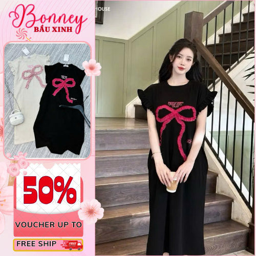 Đầm bầu xinh , váy bầu dáng xuông thiết kế tay cánh tiên nơ trang trí đáng yêu che khuyết điểm tốt Bonney