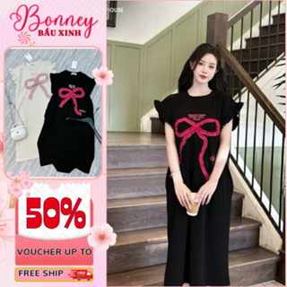 Đầm bầu xinh , váy bầu dáng xuông thiết kế tay cánh tiên nơ trang trí đáng yêu che khuyết điểm tốt Bonney