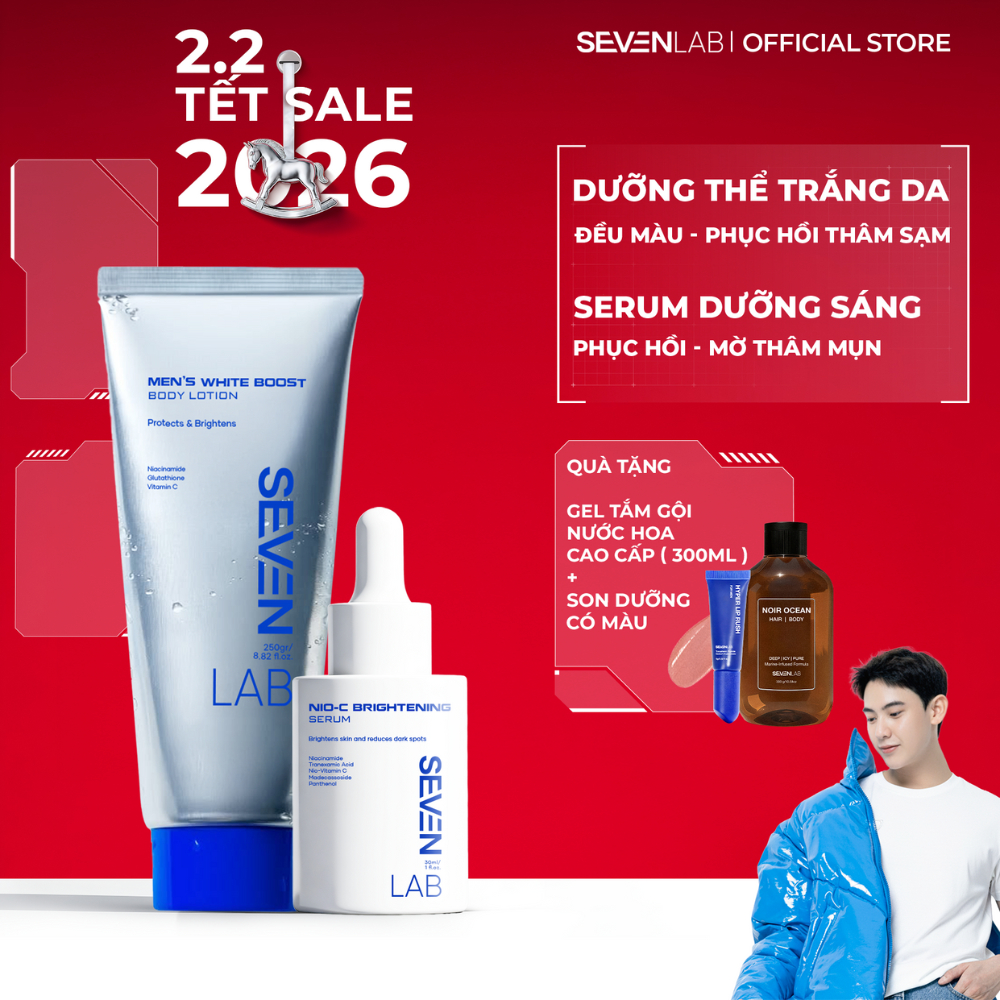 Combo sữa dưỡng thể và serum trắng da nam giới Nio-VitaminC SEVENLAB hỗ trợ mờ thâm, giúp sáng da vư