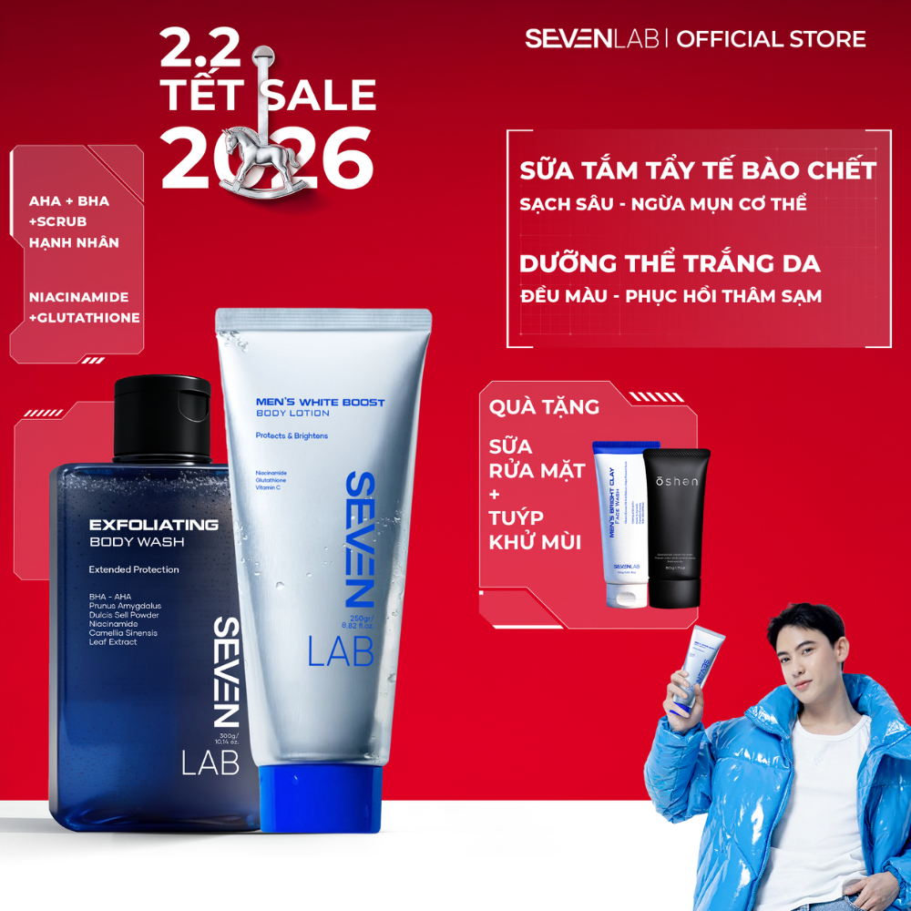 Combo sữa tắm tẩy tế bào chết và sữa dưỡng thể trắng da nam SEVENLAB giúp ngăn ngừa mụn lưng, cơ thể