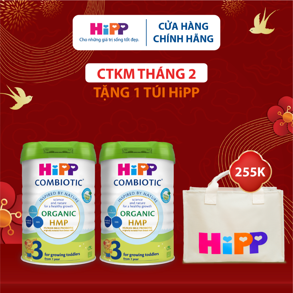 Combo 2 lon Sữa bột công thức HiPP 3 Organic Combiotic 800g hỗ trợ tiêu hóa, tăng chiều cao