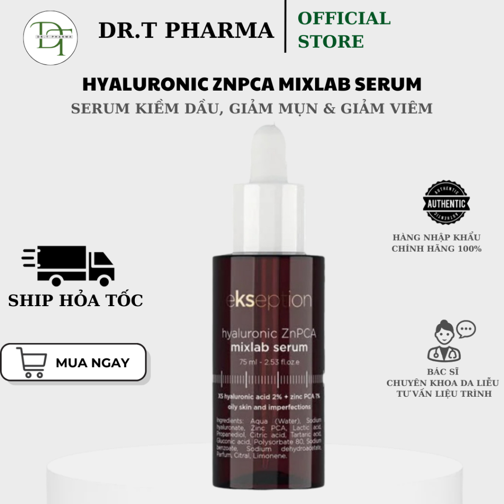 (TEM CÔNG TY) Serum Kẽm Ekseption Hyaluronic ZnPCA, HA + 1% ZnPCA Giảm Mụn, Kiềm Dầu (75ml)