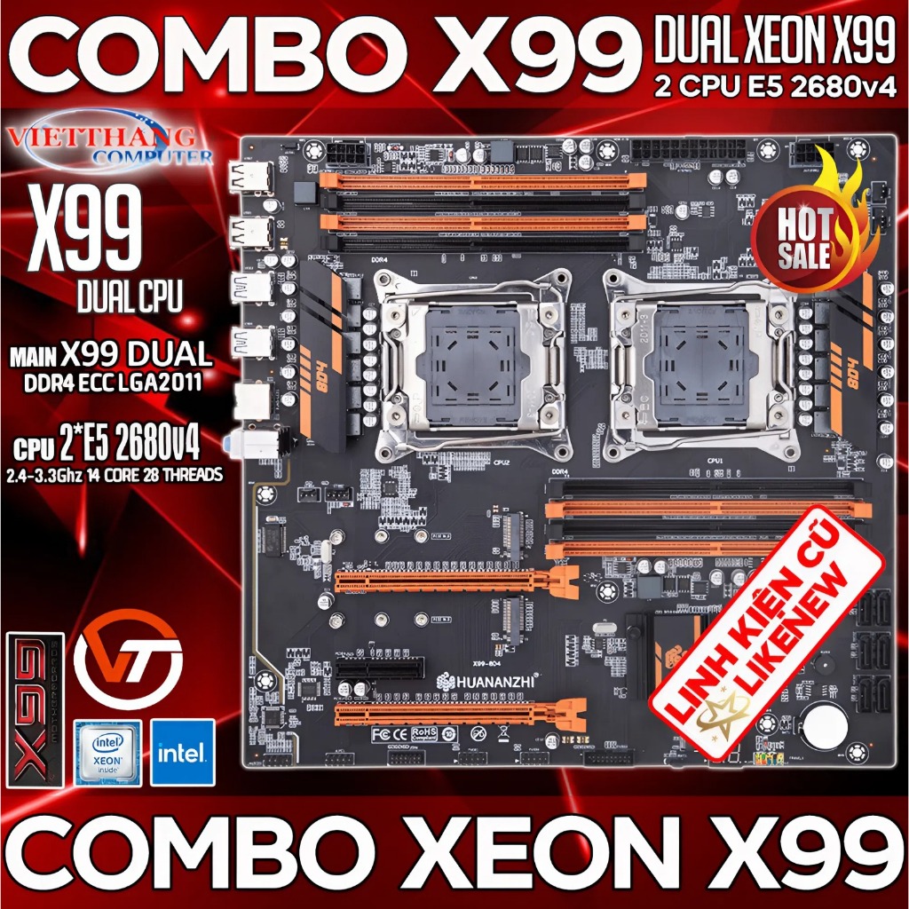Combo X99-8D4 Huananzin Dual CPU DDR4  + 2 CPU E5 2680v4 ( Tổng 28N - 56L) Chạy giả lập Cũ LikeNew