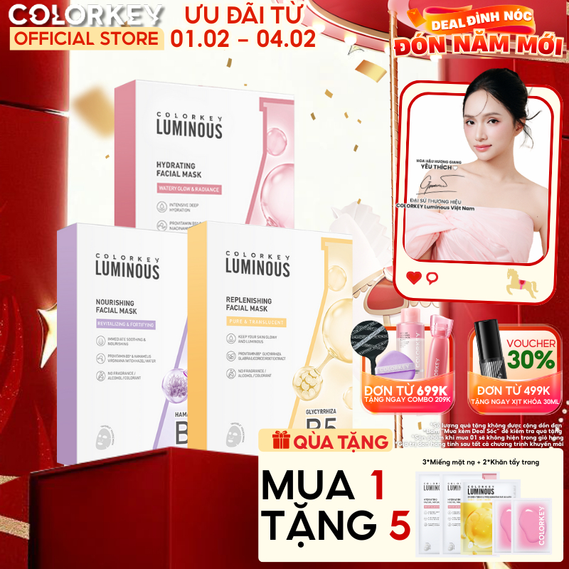 3 Hộp 3 Màu Mặt Nạ Giấy COLORKEY LUMINOUS Vitamin B5 Giúp Cấp Ẩm, Hỗ Trợ Làm Sáng Da 10 miếng