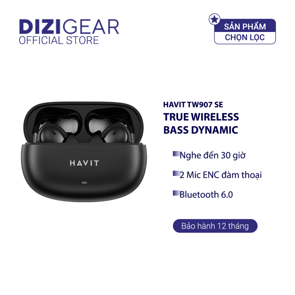 Tai Nghe TWS HAVIT TW907 SE, BT 6.0, Driver 10mm, 2 Mic ENC Hỗ Trợ Đàm Thoại, Nghe Đến 30H - Hàng Chính Hãng
