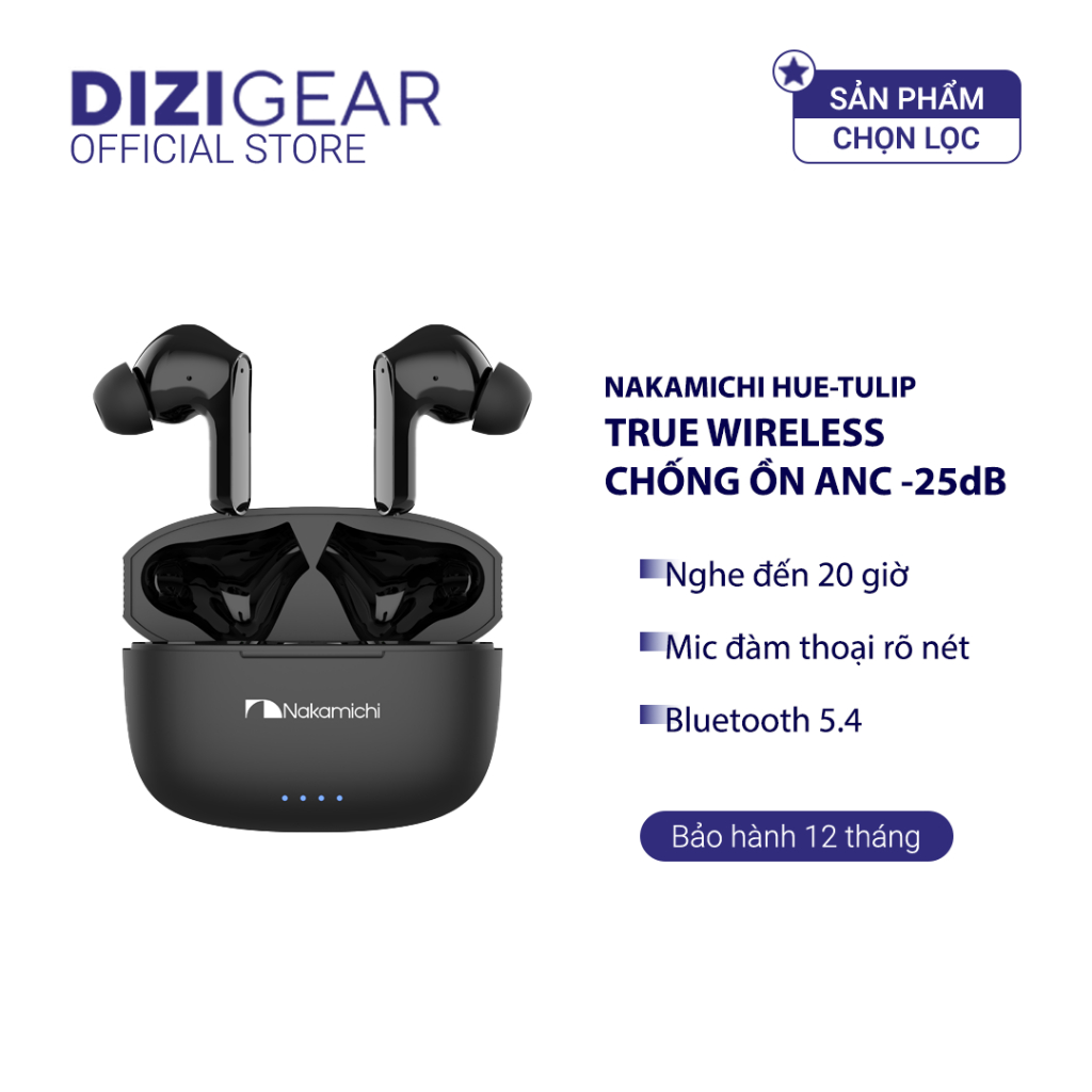 Tai Nghe TWS NAKAMICHI HUE-TULIP, BT 5.4, Màng Loa 10mm, Chống Ồn Chủ Động ANC -25dB, Nghe Đến 20H - Hàng Chính Hãng