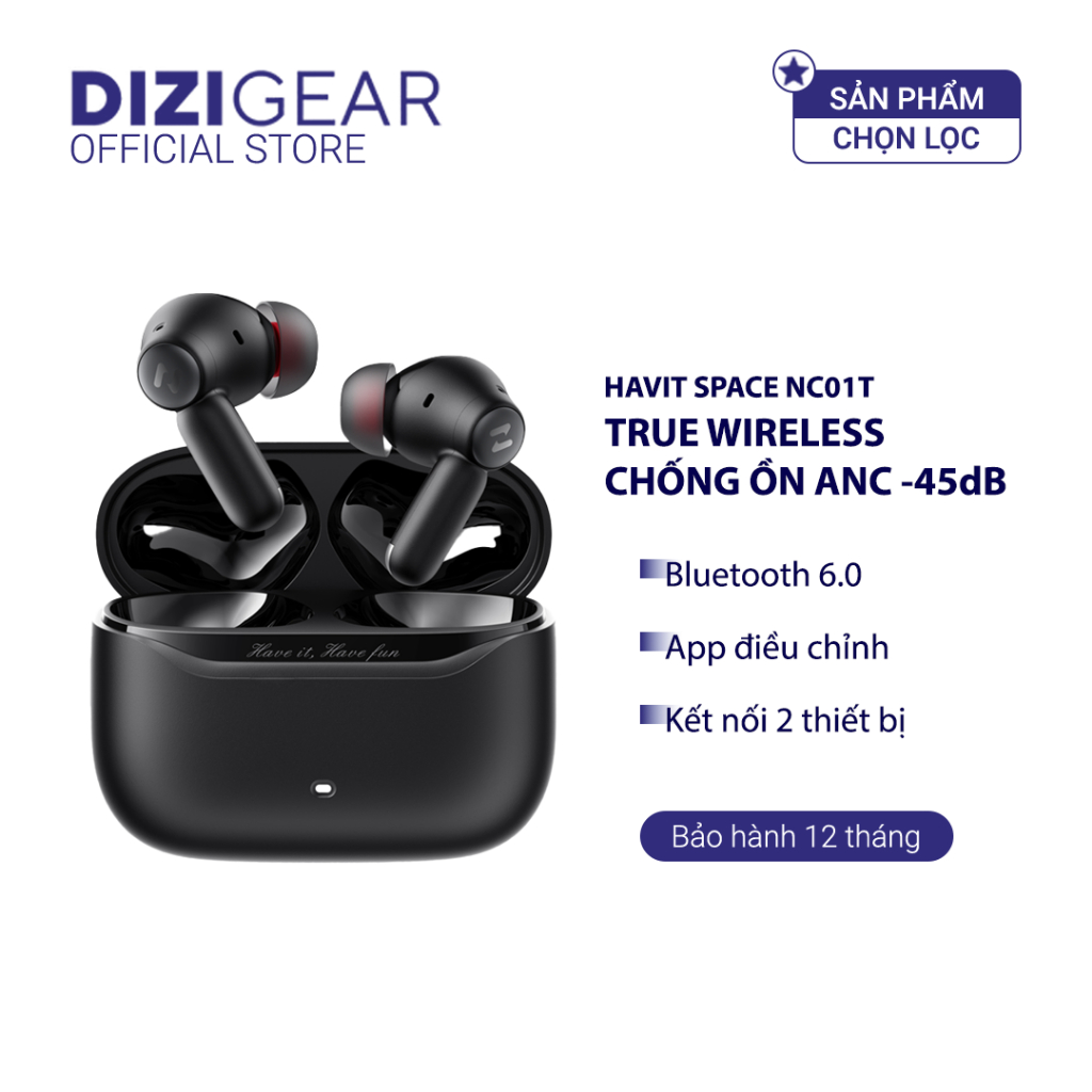 Tai Nghe TWS HAVIT SPACE NC01T, BT 6.0, Hybrid ENC + ANC -45dB, App Havit Life, Nghe Nhạc Đến 30H - 