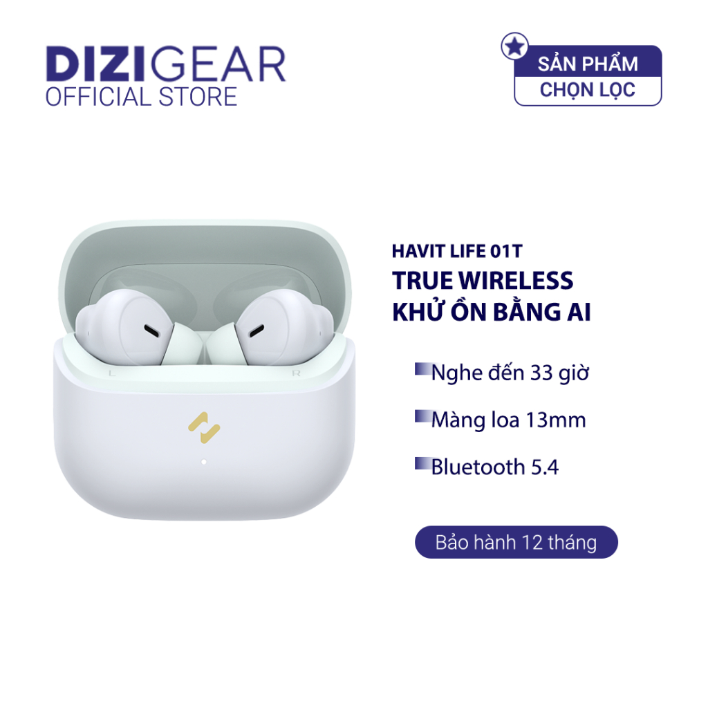 Tai Nghe True Wirless HAVIT LIFE 01T, Bluetooth 5.4 , AI Khử Ồn, Nghe Đến 33H - Chính Hãng Dizigear