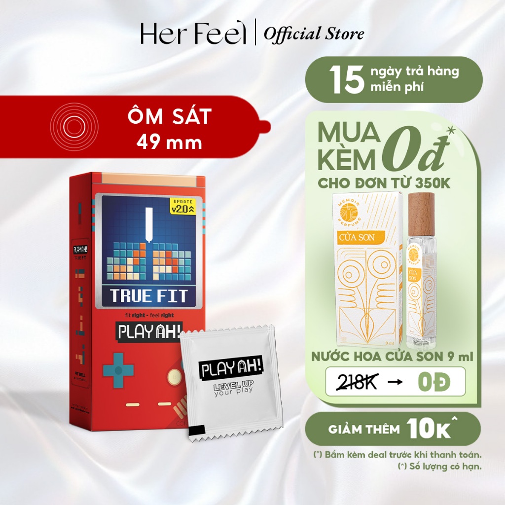 Bao Cao Su PlayAh True Fit Ôm Sát Hộp 3/10 size 49mm ôm sát, siêu vừa vặn, size nhỏ