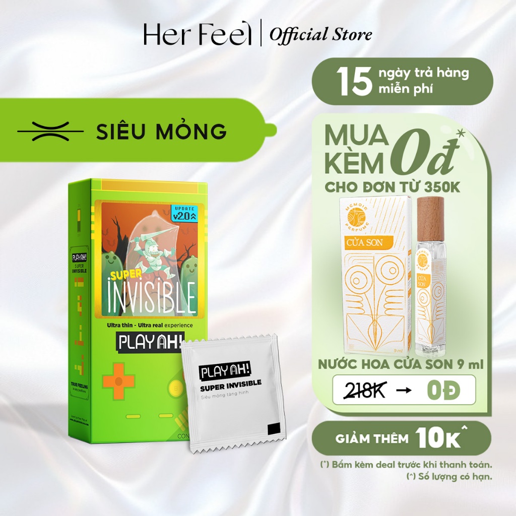 Bao Cao Su PlayAh Super Invisible Siêu Mỏng/ Nhiều Gel/ Kéo Dài Thời Gian/ Có Gai Hộp 10 size 52mm