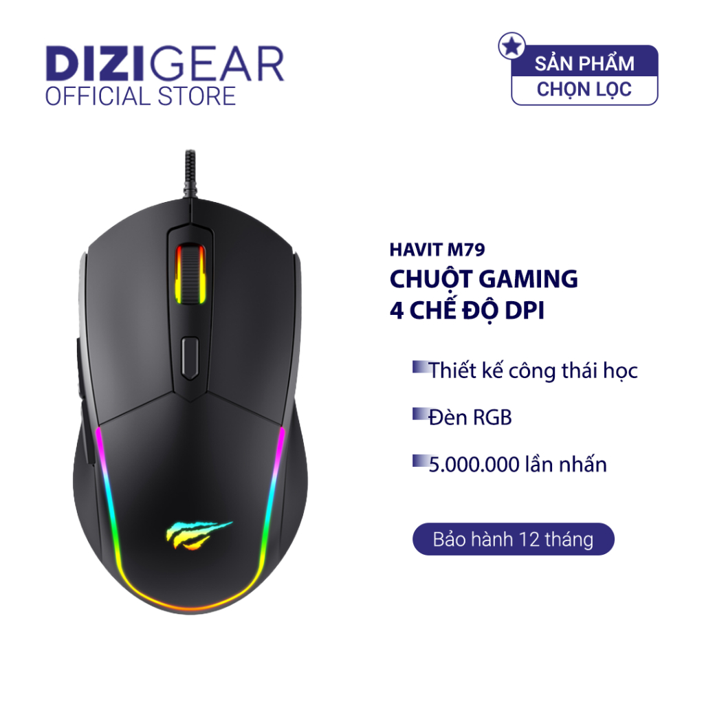 Chuột Gaming HAVIT M79, Đèn RGB, 6 Nút Điều Chỉnh + 4 Chế Độ DPI, 5tr Lần Nhấn - Chính Hãng Dizigear