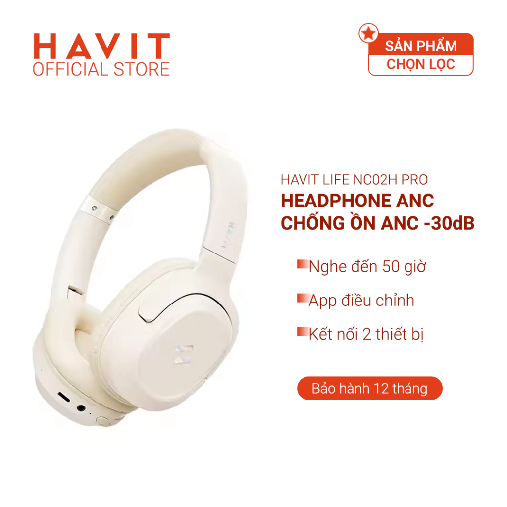 Headphone Bluetooth HAVIT LIFE NC02H, BT 5.4, ANC -30dB, Driver 40mm, App Điều Chỉnh, Nghe Đến 50H -