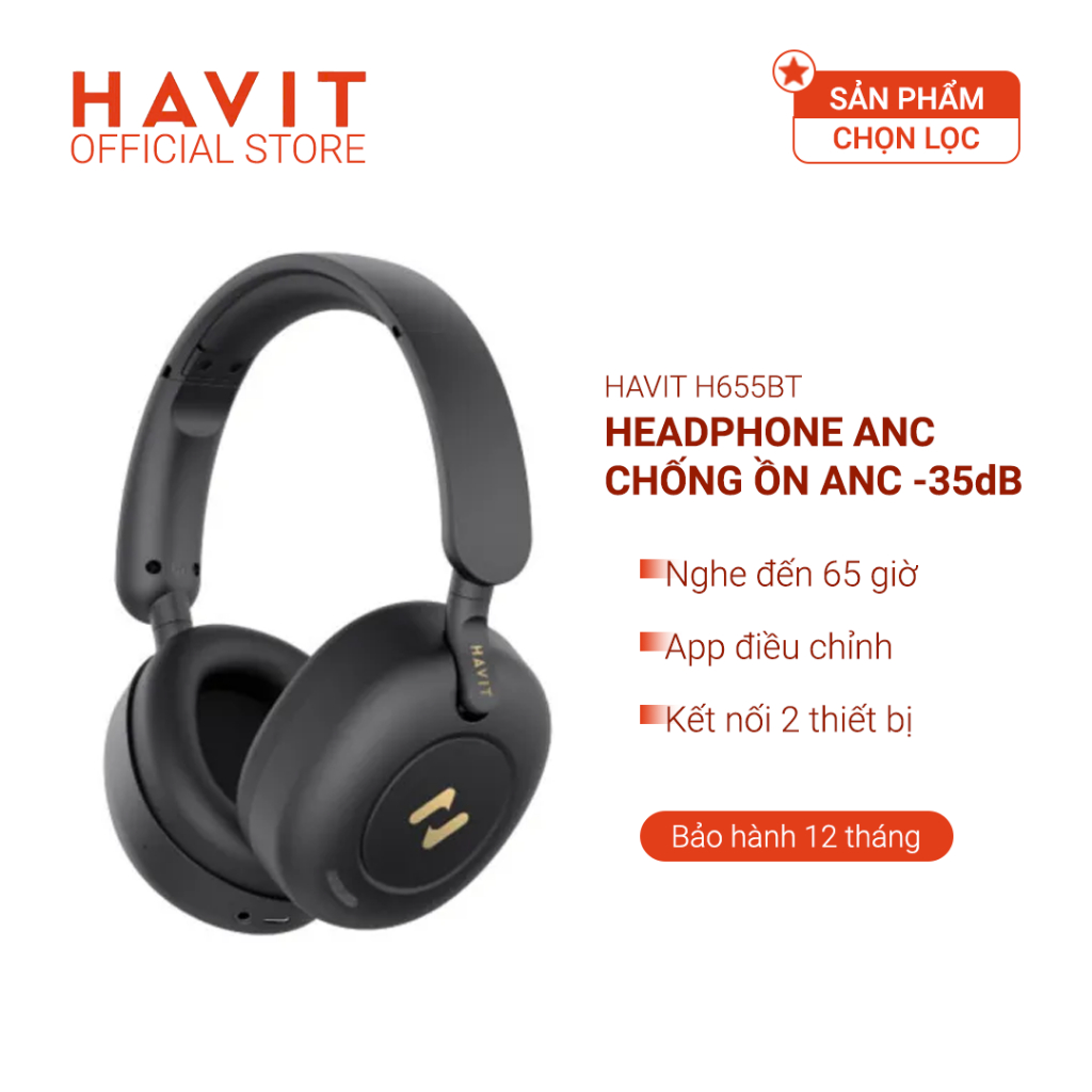 Tai Nghe Headphone HAVIT H655BT, Bluetooth 5.3, Chống Ồn ANC, Nghe Đến 65H - Hàng Chính Hãng