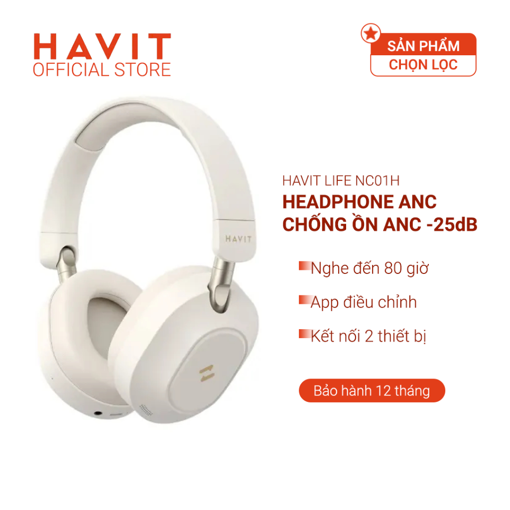 Tai Nghe Headphone HAVIT LIFE NC01H, Bluetooth 5.4, Chống Ồn ANC, Nghe Đến 80H - Hàng Chính Hãng