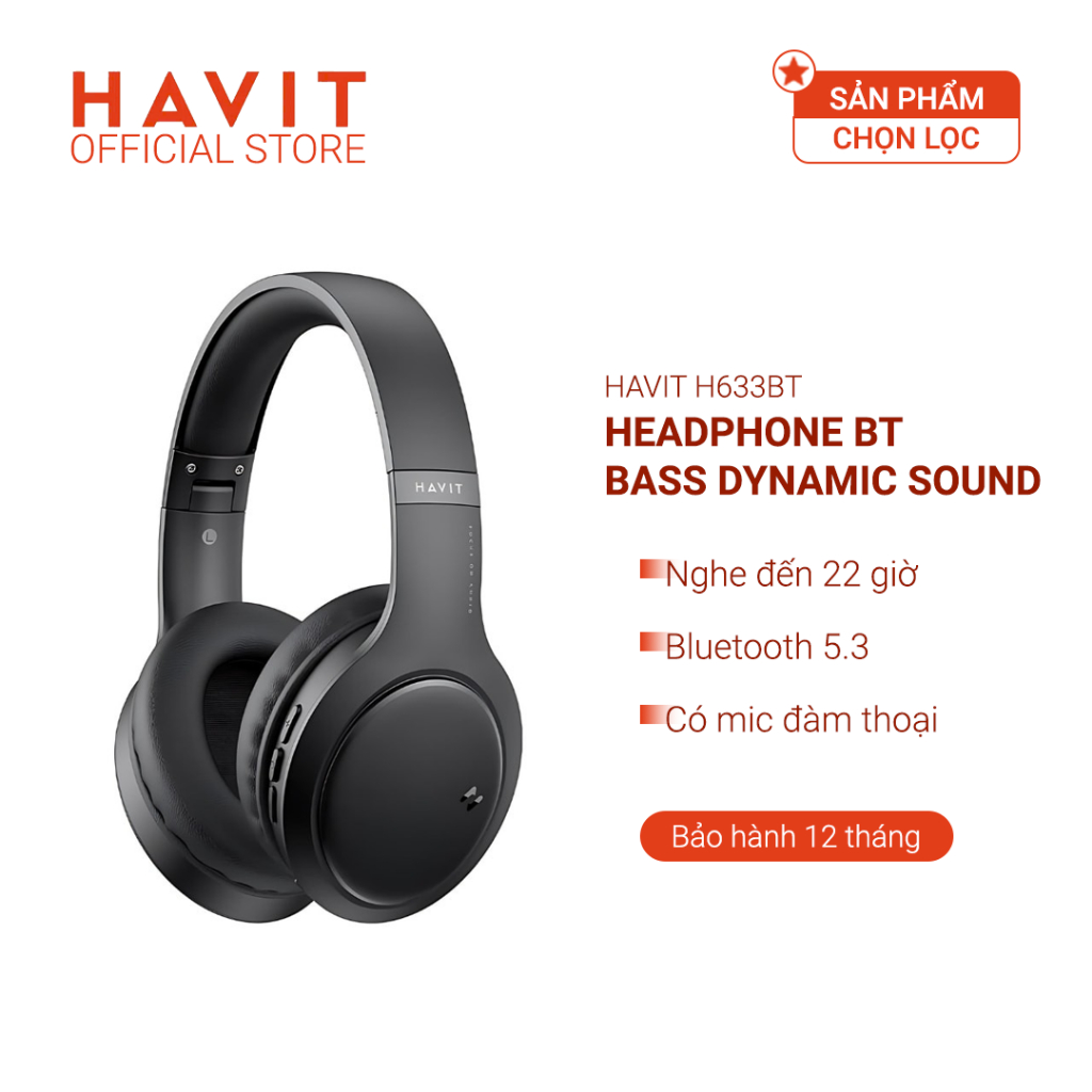 Tai Nghe Headphone HAVIT H633BT, Bluetooth 5.3 Công Thái Học, Nghe Đến 22H - Hàng Chính Hãng