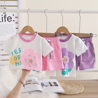 Set Áo Thun Tay Ngắn Viền Cổ Họa Tiết Hoa Quần Đùi Nơ Bé Gái 1-5 Tuổi MINTSCLOSET Quảng Châu GA2506