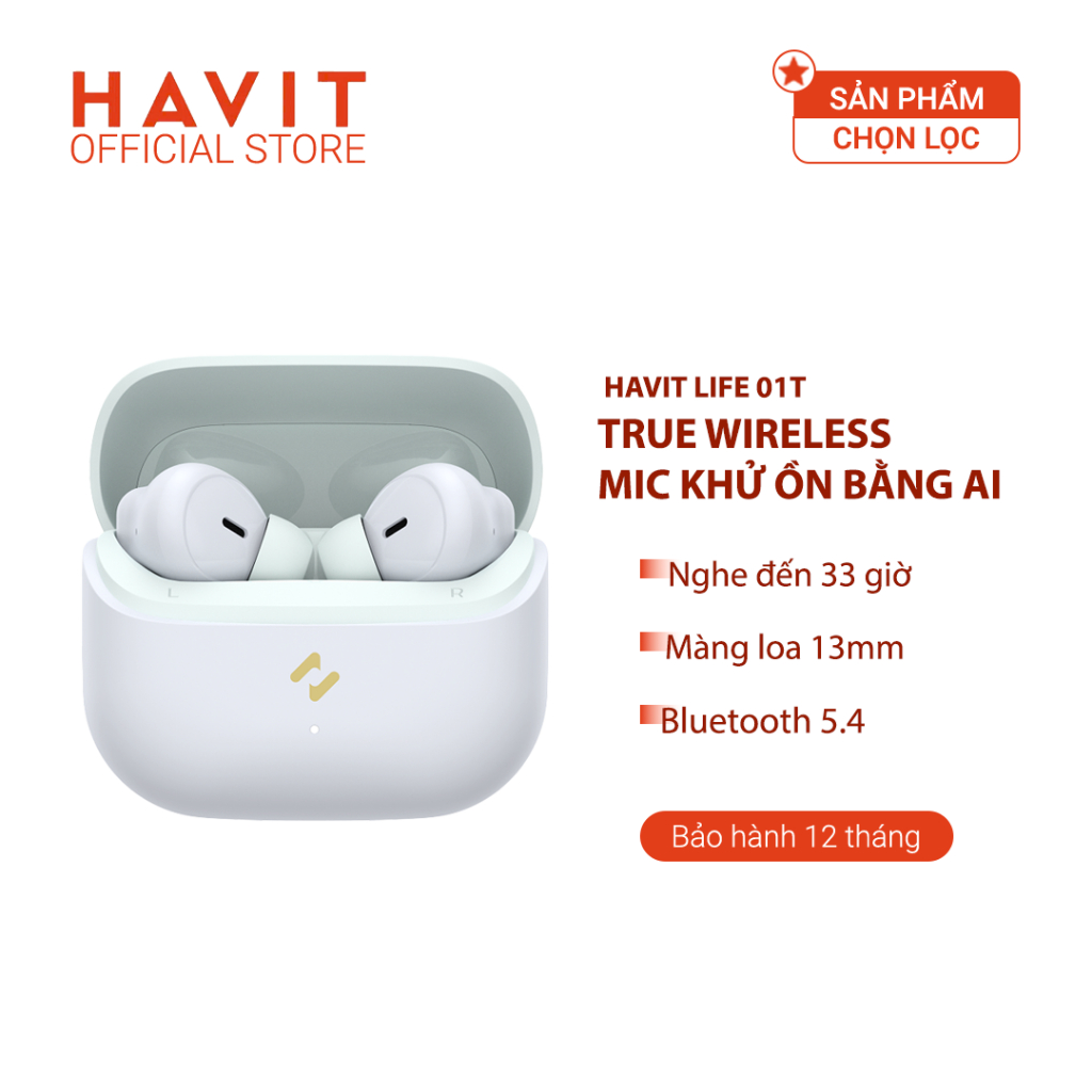 Tai Nghe True Wireless HAVIT LIFE 01T, Bluetooth 5, AI Khử Ồn, Nghe Đến 33H - Hàng Chính Hãng
