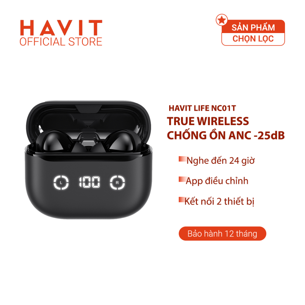 Tai Nghe TWS HAVIT LIFE NC01T, BT 5.4, 4 Mic ENC + ANC, Độ Trễ 55ms, Có App Kết Nối - Hàng Chính Hãn