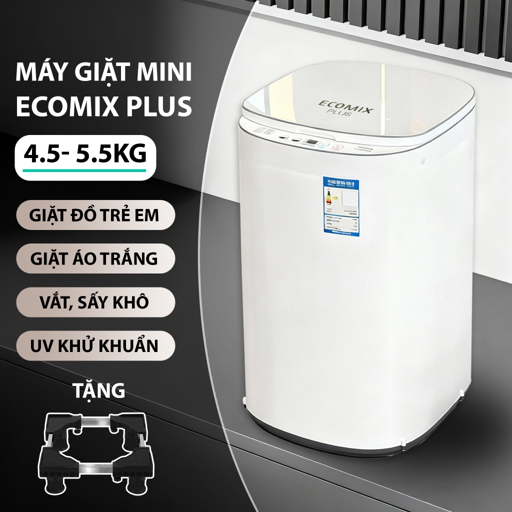 ( BẢN MỚI 2026 ) Máy giặt mini ECOMIX PLUS 4,5-5,5 kg vắt sấy khô ,Hẹn giờ ,khử khuẩn tự động 100%