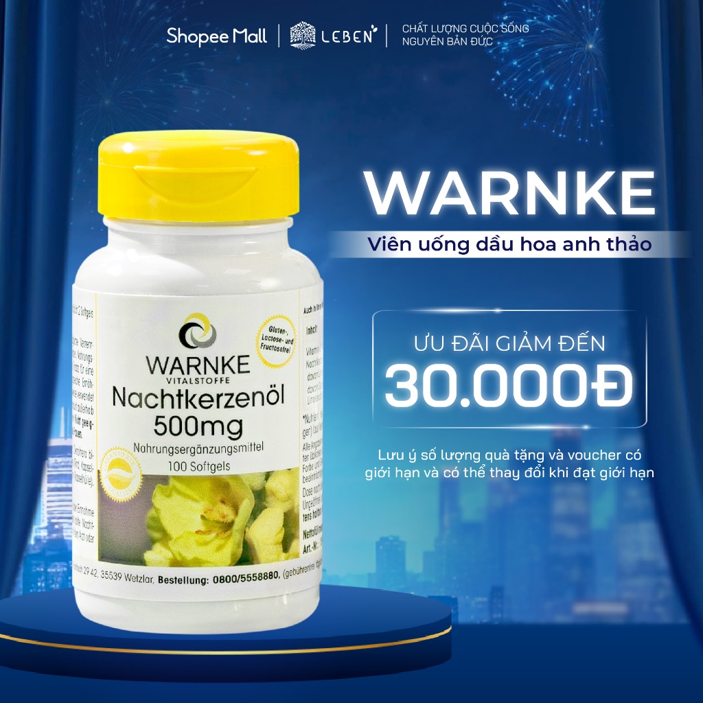 Tinh Dầu Hoa Anh Thảo Warnke Nachtkerzenöl 500mg Hỗ Trợ Cân Bằng Nội Tiết Tố Nữ, Giảm Đau Bụng Kinh 
