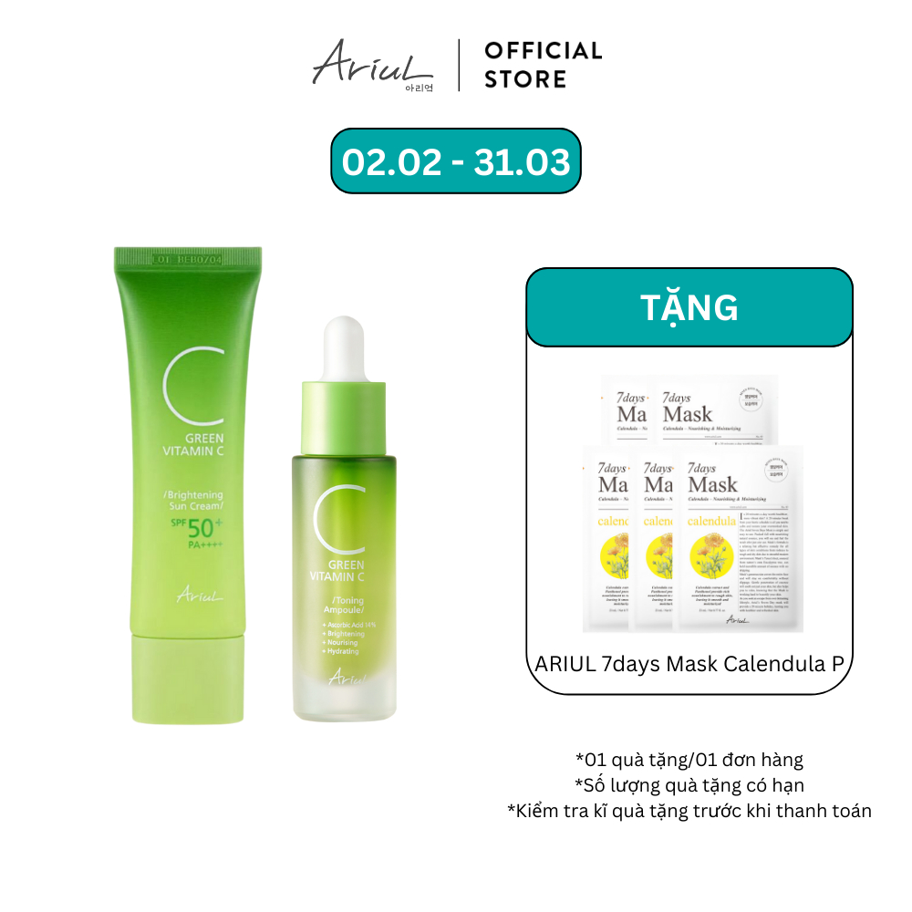 Combo Dưỡng Da Ariul Green Vitamin C Ariul Toning Ampoule 15ml & Green Vitamin C Brightening Sun Cre