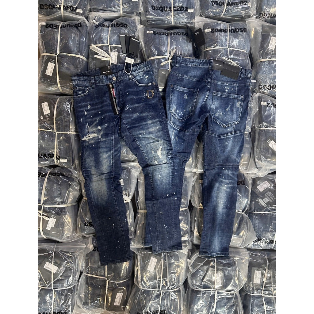 Quần Jean Nam Xanh Dáng Biker Khoá Lệch Logo Kim Loại D2 Trước Đùi Chất Bò Mềm Mịn Co Dãn