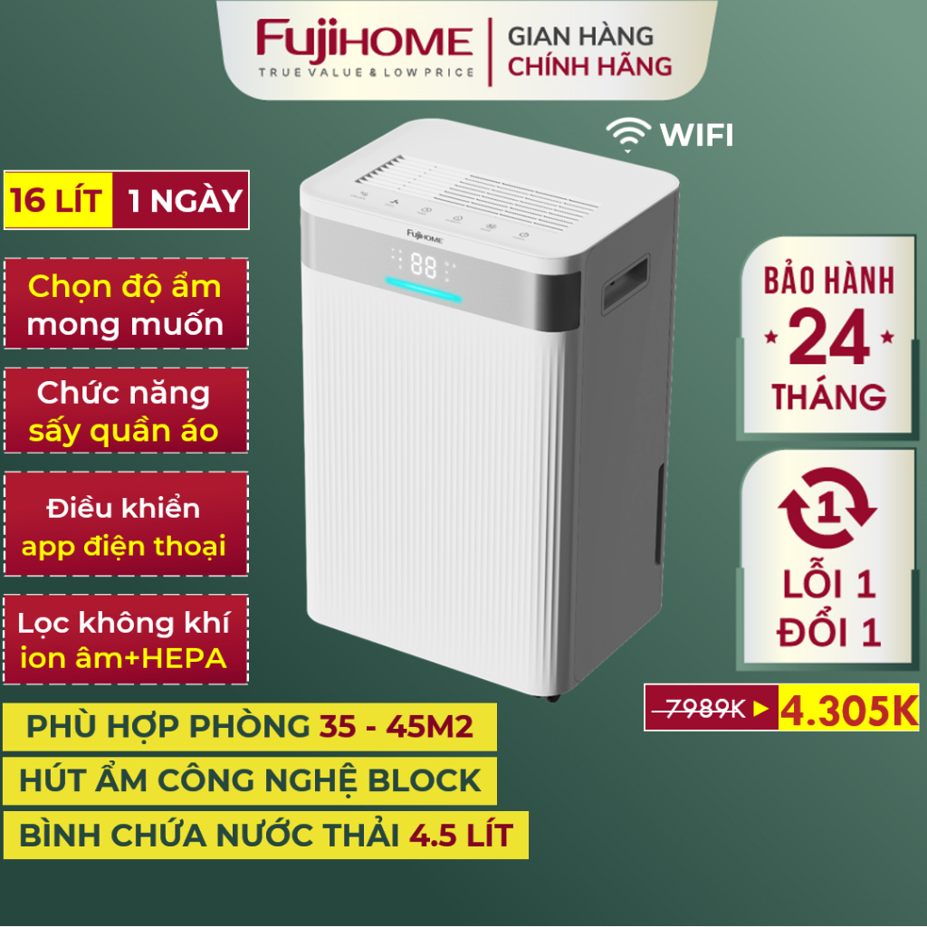 Máy hút ẩm phòng ngủ Nhập Khẩu FUJIHOME DH16NW-HEPA 16L, máy lọc không khí khử mùi hiện đại